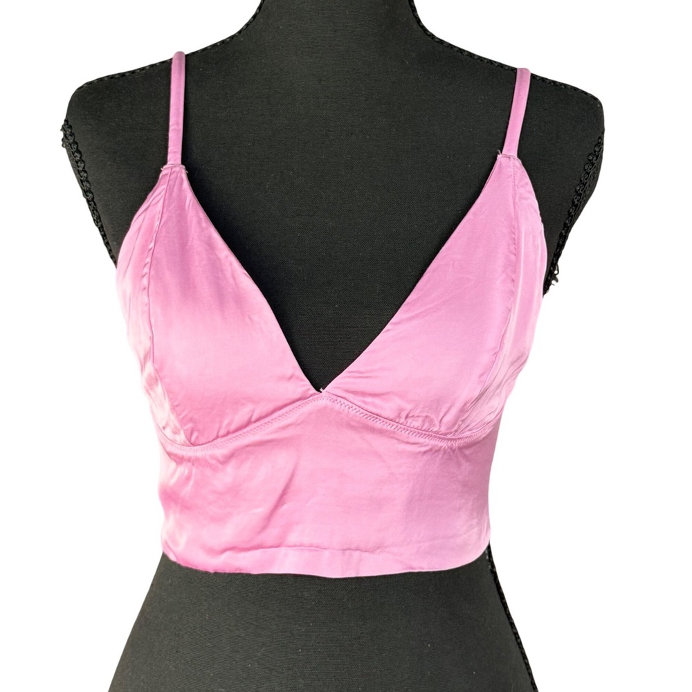 Aerie Pink Satin Bralette Crop Top Smocked Back V-Neck Adjustable Straps Small